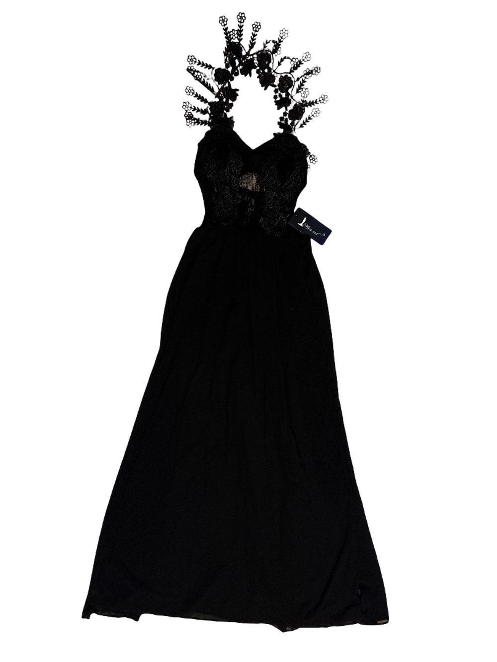 Floral Lace Halter Maxi Dress - Black